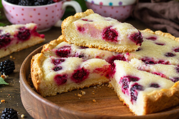 Homemade blackberry pie. Sweet pie with blackberry on rustic wooden table.