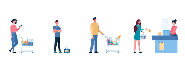 vector Illustration of several people standing in line to shop in supermarket and keep social distance, so as not to spread virus,COVID-19. Men and women stand in front of cash register, with carts
