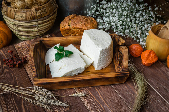 Beautiful homemade circassian cheese with parsley