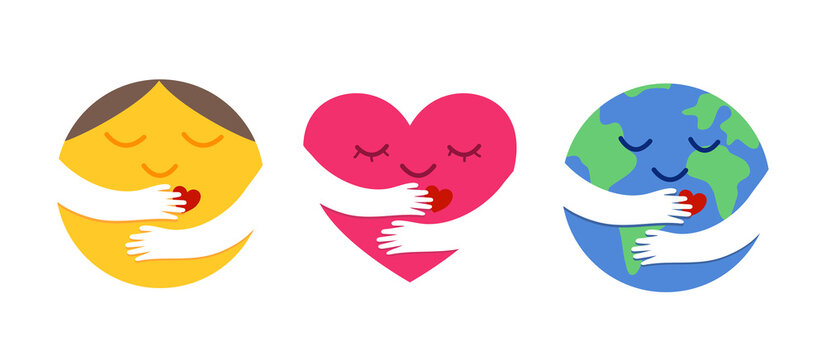 Set of emoticon Care emoji, heart emoji, earth emoji hugging yourself. Self care and happiness concept.
