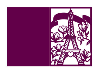 Laser cutting romantic template. Wedding invitation or greeting card with Paris Eiffel tower and blooming magnolia. Valentines day fold envelope. Die cut silhouette with hearts. Vector illustration.