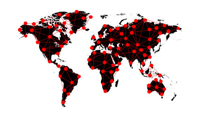 World map black with red network and dots vector background