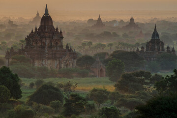 The ancient Bagan pagodas at sunrise.