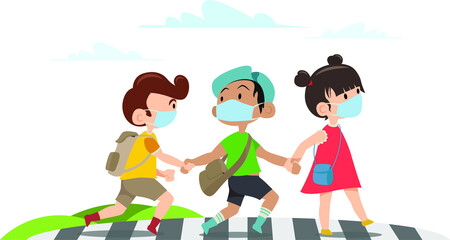 3 kids are crossing the road together illustration