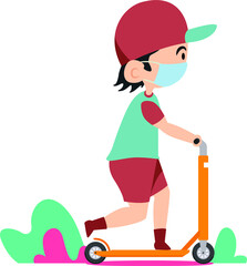 Young boy going somewhere using kick scooter