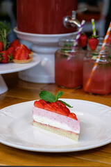 Tasty dessert strawberry cheesecake on white plate
