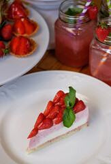 Strawberry cheesecake dessert on white plate