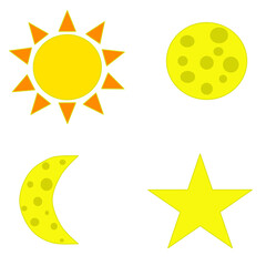 Set of icons: sun, moon, crescent, star