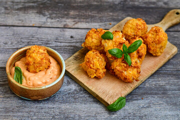  Home made Crispy Chicken   Popcorn with honey mustard sauce on wooden background