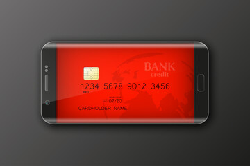 Smartphone banner & credit card. Advertising promo poster phone & bank card icon. Communicator PDA Electronic money funds transfer. Plastic card software. Update banking icon. Debit card with chip