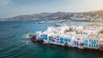 Mykonos Greece, beautifull view over Mykonos from the sky with drone at the whitewashed village...