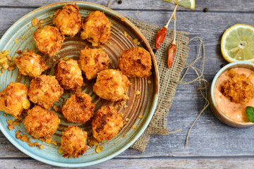  Home made Crispy Chicken   Popcorn with honey mustard sauce on wooden background