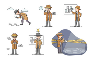 Private Detective Concept. Set Of Young Cartoon Detectives With Tools In Different Situation. Characters Do Their Job. Process Of Searching Evidences. Cartoon Linear Outline Flat Vector Illustration