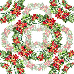 Seamless pattern for fabric. Red campsis on white background. Wreath  flowers painting in watercolor.
