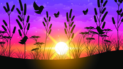 Fototapeta na wymiar Abstract Purple Field Grass Nature Background Vector With Plants Birds And Sun