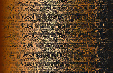 Distressed overlay texture of golden metal plate with ornament, grunge background.