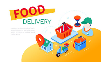 Food delivery - modern colorful isometric web banner