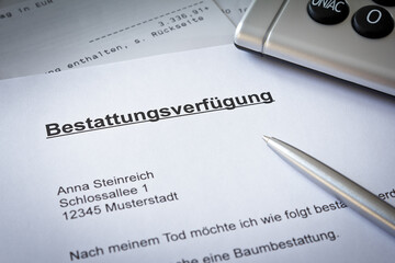 German advance funeral directive paper with bank statement: bestattungsverfügung