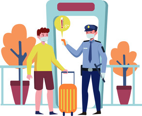 Security guard is cheking passenger body temperature for pandemic safety