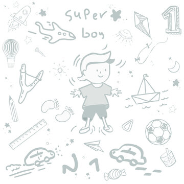 A set of isolated pictures of a boy, rockets, stars, kite, balloon, paper airplane, ship, UFO, slingshots, rulers, pencil, candy. Doodle style vector illustration isolated on white background. 