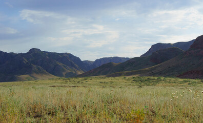 Landscape in the steppe, Prairie. Landscape in the river valley, mountains.