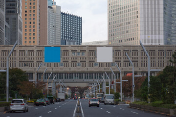 Shinjuku, Tokyo-Japan, street view with blank sign board with urban Shinjuku view for marketing...