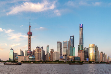 Shanghai skyline during golden hour with no pollution and low AQI.