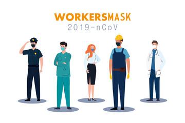 people with uniforms and workermasks design of Coronavirus 2019 nCov workers theme Vector illustration