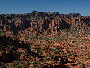 Red Cliffs martian landscape view in Sierra de las Quijadas National Park, San Luis, Argentina. Arid desert. Rocky sandstone formation, canyon, hills and desolated valley