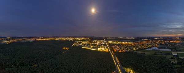 Panoramic drone picture of Highway 5 near Darmstadt and Weiterstadt at sunset