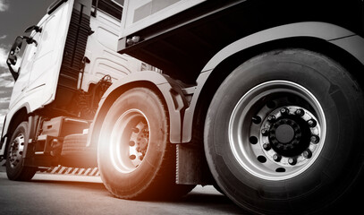 Truck on parking, Closeup a truck wheels of semi truck