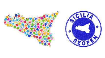 Celebrating Sicilia map collage and reopening unclean seal. Vector collage Sicilia map is composed with randomized stars, hearts, balloons. Rounded awry blue seal with distress rubber texture.