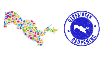Celebrating Uzbekistan map collage and reopening rubber watermark. Vector collage Uzbekistan map is made of random stars, hearts, balloons. Rounded rough blue watermark with distress rubber texture.