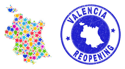 Celebrating Valencia Province map collage and reopening rubber stamp seal. Vector collage Valencia Province map is designed with random stars, hearts, balloons.
