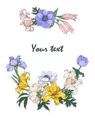 Composition of garden flowers, lilies,anemones irises and peonies, template for invitation design, vector illustration