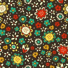 Fototapeta na wymiar Seamless vector pattern with flowers on brown background. Funky retro floral wallpaper design. Vintage ditsy fashion fabric style.