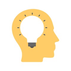 Illustration of idea bulb in stylized human head. Creative idea generation. Flat icon design.