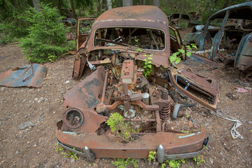 Old cars in Sscrapyard in forest in Ryd Sweden