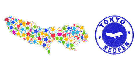 Celebrating Tokyo Prefecture map collage and reopening corroded stamp seal. Vector collage Tokyo Prefecture map is organized with scattered stars, hearts, balloons.