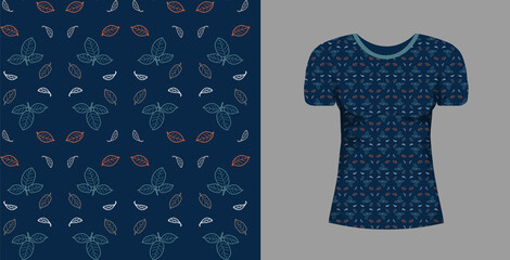 Abstract seamless pattern wiht red, grey, white leaves on blue background and mock up T-shirt whith this ormnament. Vector nature, forest texture for fabric, textile, bedlinen, undergarment.