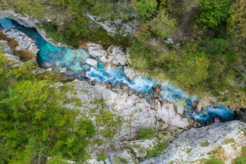 Aerial Vertical View Over The Surface Of A Mountain River Soca,Slovenia