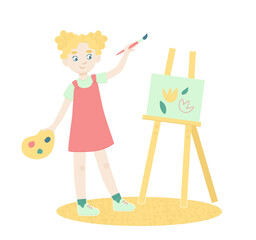 The girl is painting on a canvas with paints.  Cartoon vector illustration.