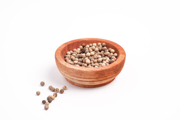 Whole white pepper spice, food closeup. Isolated on white background