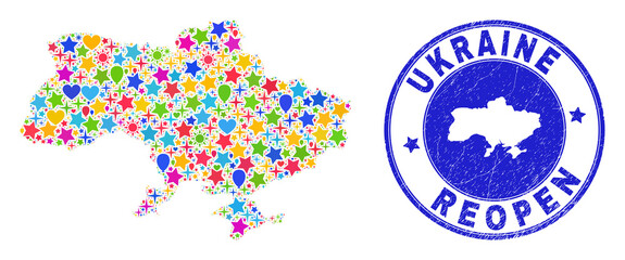 Celebrating Ukraine map mosaic and reopening scratched watermark. Vector mosaic Ukraine map is made of scattered stars, hearts, balloons. Rounded rough blue watermark with scratched rubber texture.