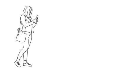 Line drawing vector illustration of young woman using phone.
