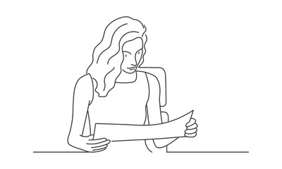 Young woman reading map. Line drawing vector illustration.