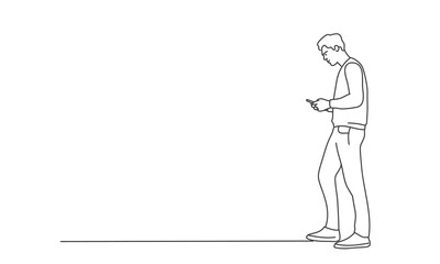 Line drawing vector illustration of young man using phone.