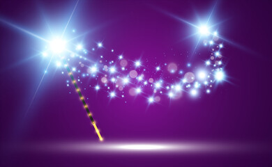 Realistic magic wand with bright sparkles on a transparent background.