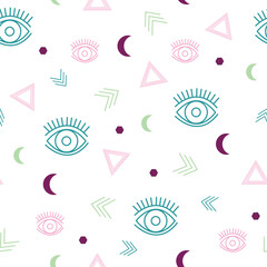 Seamless repeat pattern with eyes and geometric elements.Bright colors, perfect for textile, wallpaper and interior design.