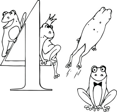 Coloring figures for children. Number four and four funny frogs. Fun math